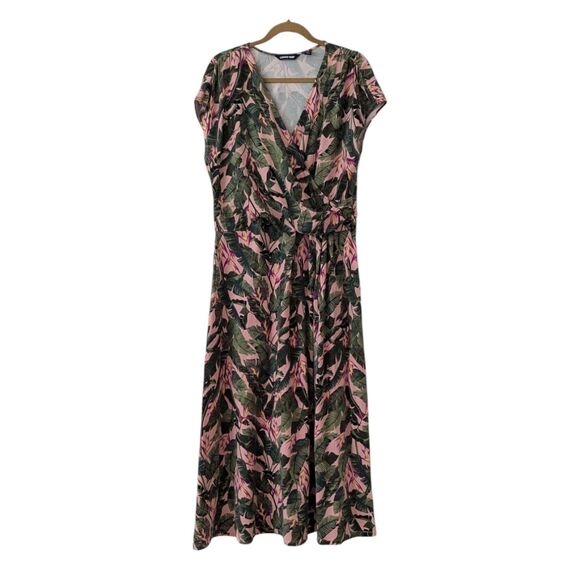 Land's End XL Sz 18 Maxi Dress V Neck Palm Leaves Pink Green Tropical Crossover - Picture 1 of 9